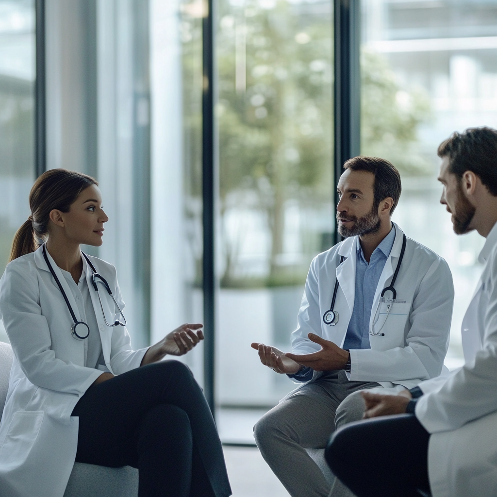 Medizinische Fachkräfte im Austausch in heller klinischer Umgebung
