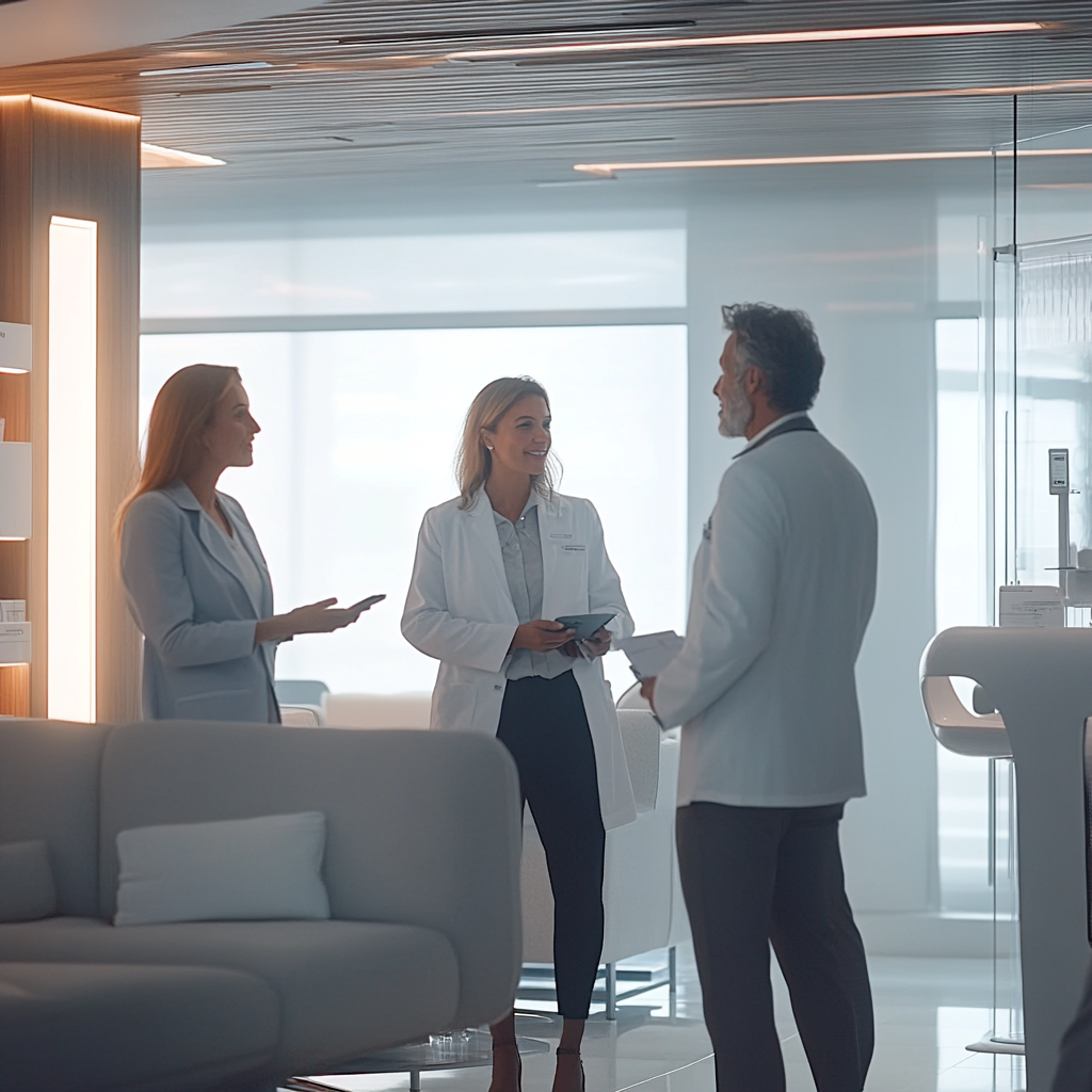 Professionelles Gespräch zwischen Ärztinnen/Ärzten und Investor:innen in modernem Healthcare-Setting